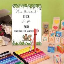 45/ 55/ 75 Pcs Baby Shower Decorate Block Games, Include 1 Sign 20/ 30/ 50 Pcs Small Wooden Blocks And 24 Pcs Markers Pens, Suitable For Baby Shower Games Gender Neutral, Party Favors Decor - Multicolor - View 5