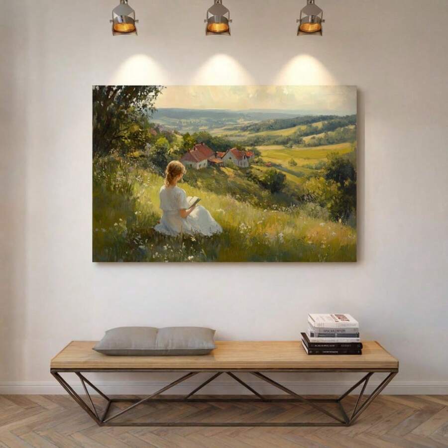1 bức tranh tường cô gái đọc sách | Phong cảnh đồng quê yên bình với hoa và ngôi nhà ấm cúng trong phong cách tranh vải canvas cổ điển Tranh trong phòng khách, phòng ngủ, phòng ăn Khung tùy chọn Áp phích hiện đại, nghệ thuật treo tường, tranh vải canvas và khung có thể tái sử dụng - Nhiều màu - Xem 1