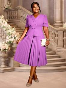 大码女式短袖翻领双排扣仿褶中长连衣裙，适合通勤、办公、正式、休闲和日常穿着。 - 紫色 - 查看 4