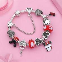 Disney 1 Pc Red Crystal Animal Bead Bracelet Silver Plated Heart Key Mickey Mouse Minnie Pendant Cartoon Jewelry For Gift