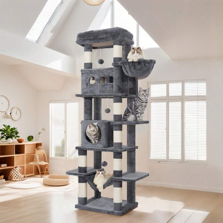 Cat Tree, 67" Large Tall Cat Tower For Indoor Cats, Multi-Level Cats House With Condo, 8 Scratching Posts, Hammock, 4 Pom Poms, Dark Grey - Màu xám đen - Xem 1