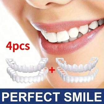 4pcs Comfortable And Snug Set Of Cosmetic Dentures, Including Upper And Lower Teeth, Providing A Confident And Smiling Experience. The Veneered Dentures Bring A Brilliant Smile
