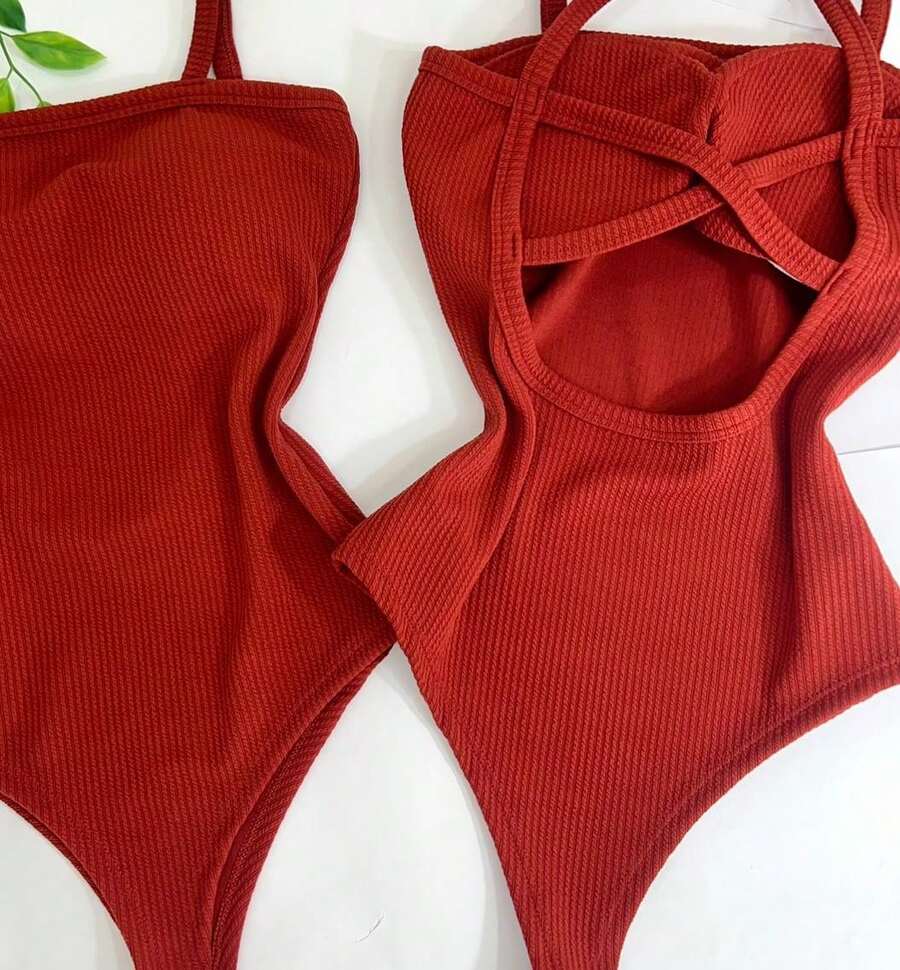 Women's Bodysuit With Braided Straps, Seersucker, Fashion Blogger - Terracotta - View 1