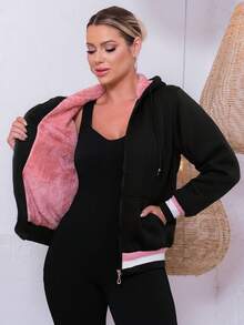 Women's Sweatshirt Simple Casual Party Pocket Zipper Drawstring - Negro - Ver 2