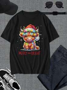 Camiseta de Navidad Highland Cow - Bonita camiseta gráfica navideña para hombre y mujer - Negro - Ver 1