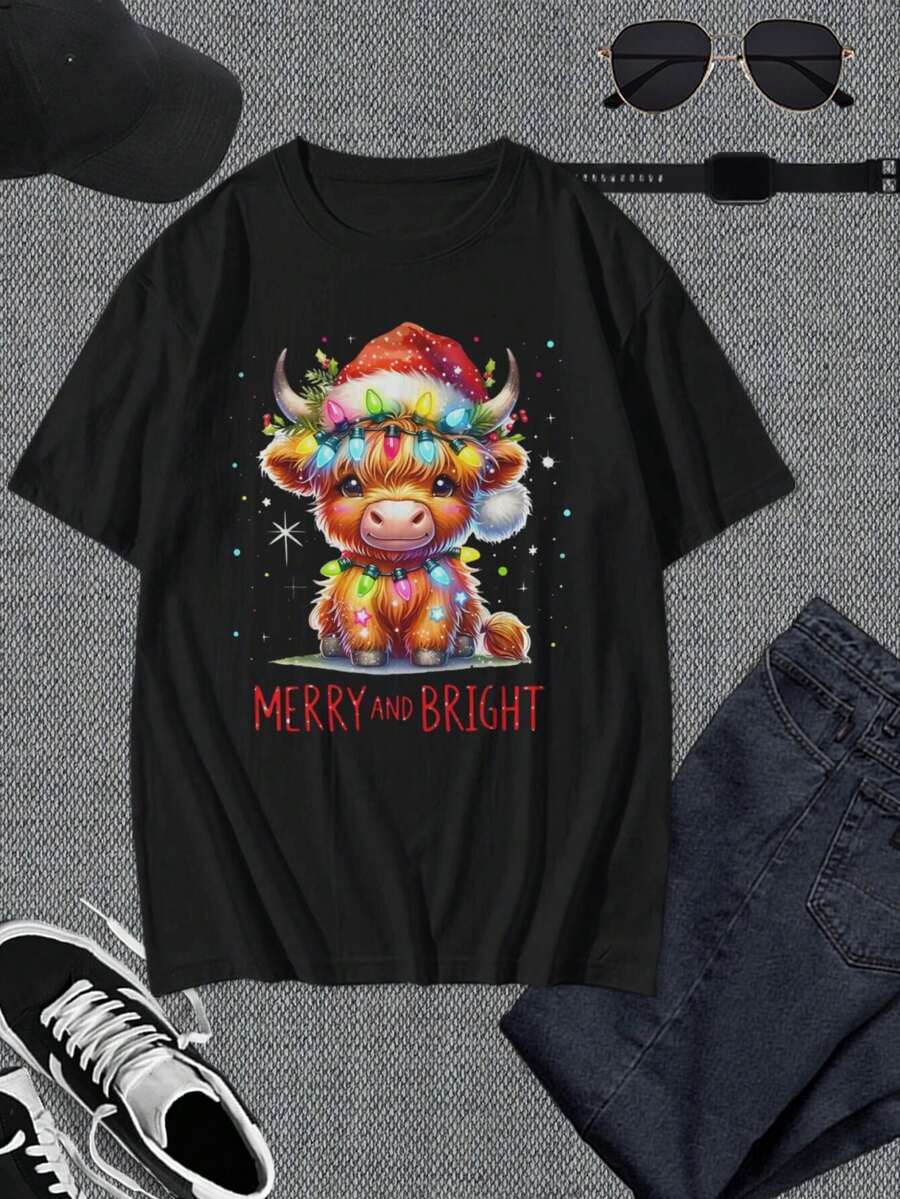 Camiseta de Navidad Highland Cow - Bonita camiseta gráfica navideña para hombre y mujer - Negro - Ver 1