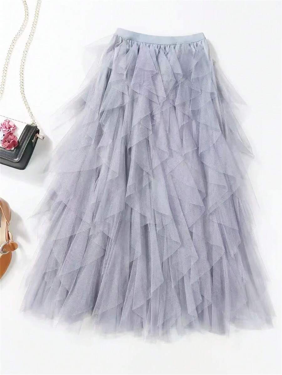 1pc Women Asymmetrical Wave Layered Cake Skirt, With Mesh Tulle Puff Skirt - Light Grey - View 1