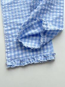 2pcs/Set Young Girl's Fashionable Floral Trim Plaid Top And Pants Set, Summer