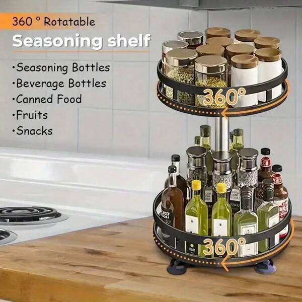 1 360-Degree Rotating Kitchen Storage Shelf Seasoning Storage Shelf Storage Box Oil Salt Sauce Vinegar Condiment Jar Rack Multi-Functional Rotating Storage Rack Round Square With Suction Cup Stable Fixed Tray Kitchen Cleaner Kitchen Bathroom Can Be Used For Household Seasoning Storage Kitchen Storage