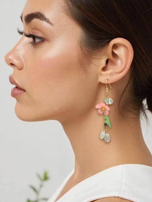 1 Pair Elegant Simplistic Pink Flower & Water Drop Tassel Dangle Earrings, Versatile For Women Everyday, Travel & Holiday Wear