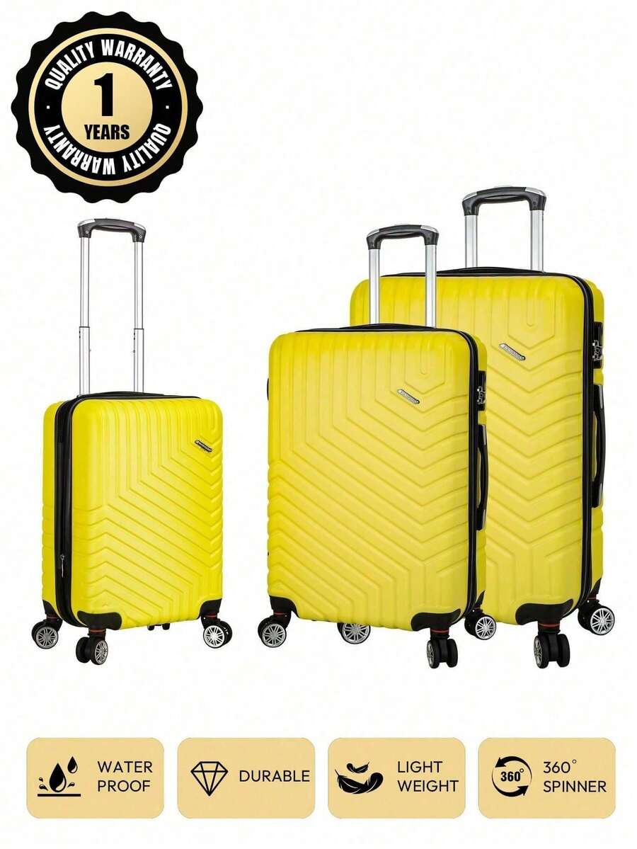 20英寸+24英寸+28英寸行李箱套装，欧洲品牌法国设计，ABS材质，可扩展，大容量，多色可选，质量保证，防水，防刮，静音轮，密码锁，1年保修，适用于廉价航空随身行李 - 黃色三件組(20+24+28) - 查看 1