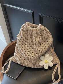 Yogodlns 纯色针织单肩包大容量波西米亚钩针背包镂空百搭沙滩旅行手提包女士休闲网眼抽绳女背包轻便通勤单肩包女士旅行沙滩包 - 卡其色 - 查看 1