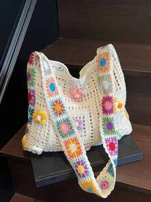 Túi tote móc len họa tiết hoa phong cách Bohemian dung tích lớn, túi xách tay móc rỗng nhiều màu sắc kiểu cổ điển, túi đeo vai móc rỗng thời trang dành cho nữ, túi móc len họa tiết hoa nhiều màu sắc, túi tote dung tích lớn, túi tote hàng ngày dành cho nữ. - Màu be - Xem 3