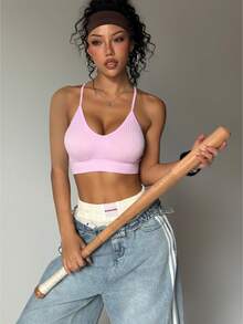 Nahtloser Damen Sport-BH mit Stück, einstellbare Kreuzbänder, tiefer V-Ausschnitt. Ideal für Yoga, Pilates und tägliche Lässig, Pink