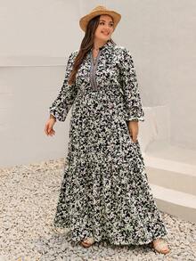 Rusttydustty Plus Size Women Vacation Style Printed Ribbon Patchwork Flowy A-Line Long Sleeve Dress Black Spring Elegant - Black - View 5