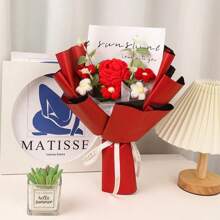1pc Rose Flower Bouquet Knitted Craft, Romantic Gift For Girlfriend/Best Friend, Practical Yarn Rose Bouquet Birthday Gift