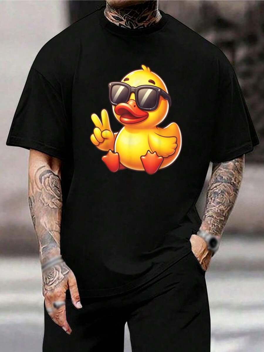 Camiseta gráfica Cool Duck - Elegante camiseta de verano para hombre y mujer - Diseño de gafas de sol y símbolo de paz - Perfecta para ropa casual, fiestas y regalos - Negro - Ver 1