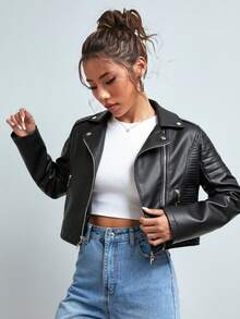 Chaqueta estilo motociclista, con cremalleras y detalles metálicos, ideal para looks casuales y modernos - Negro - Ver 2