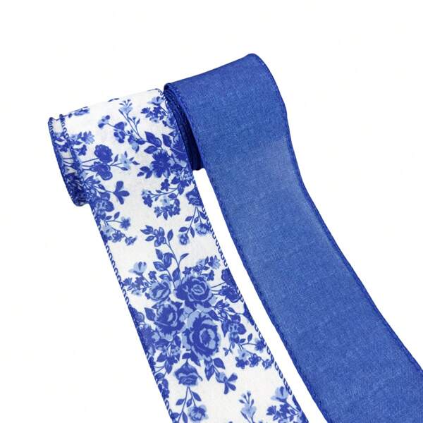2Rolls, Blue White Floral Wired Edge Ribbon, Chinoiserie Ribbon Vintage Floral Peony Patterned Fabric Ribbon For Gift Wrapping, Wedding Deration, Wreath Bow Making