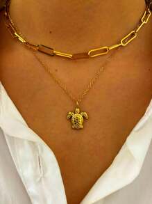 1 pieza Collar metálico con geometría en capas de acero inoxidable con diseño de tortuga marina, versátil para mujer