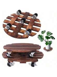 2 Pack Plant Caddy With 5 Wheels, 14" + 12" Rolling Plant Stand 220 LB Heavy Duty Wooden Round Plant Dolly With Metal 360° Lockable Caster Wheels For Outdoor Indoor Large Plant Pots, Flower Pot, Patio - 14"+12" - View 1