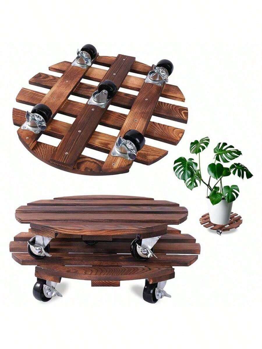 2 Pack Plant Caddy With 5 Wheels, 14" + 12" Rolling Plant Stand 220 LB Heavy Duty Wooden Round Plant Dolly With Metal 360° Lockable Caster Wheels For Outdoor Indoor Large Plant Pots, Flower Pot, Patio - 14"+12" - View 1