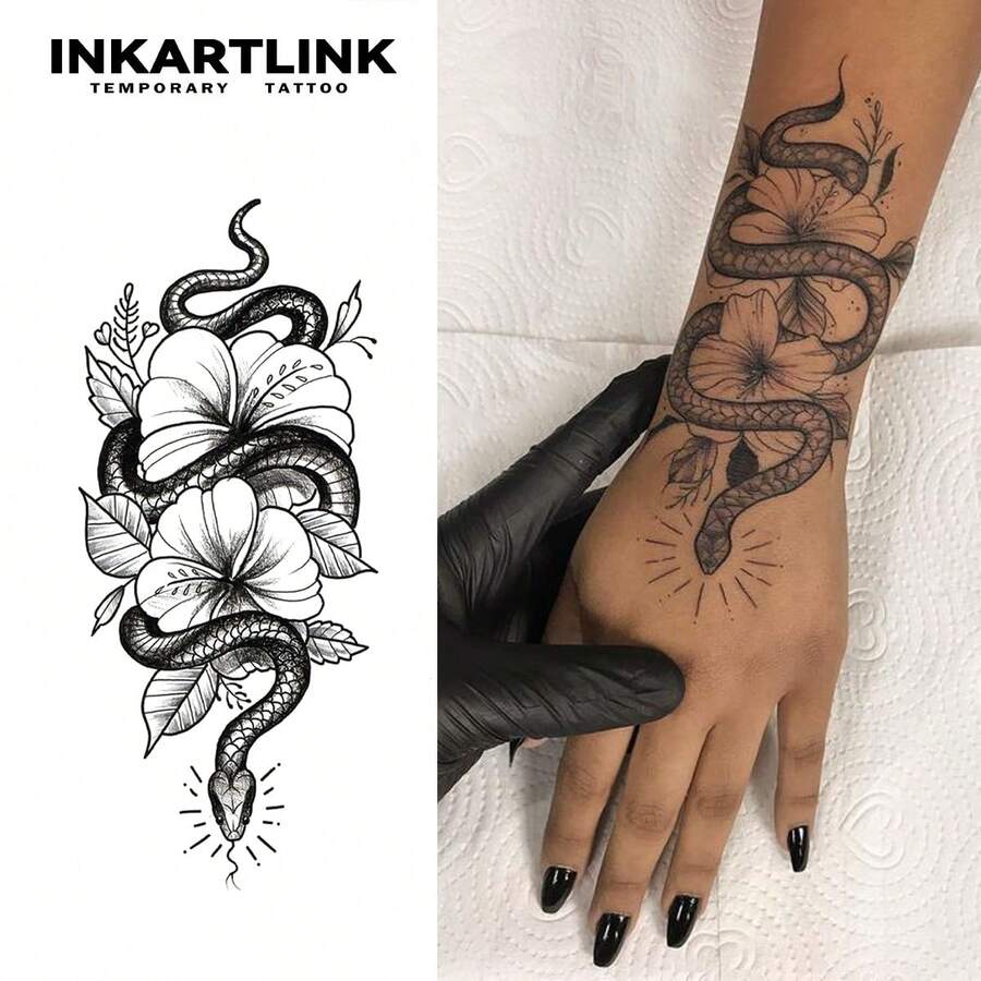 INKARTLINK 非永久性纹身技术 - 蛇、花卉纹身贴纸设计，逼真的临时假纹身，手臂半永久性纹身贴纸，防水防汗，持续 1-2 周，适用于男性和女性