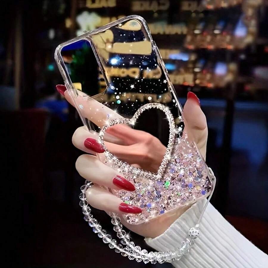 1 pieza Espejo de corazón de lujo con estilo de cielo estrellado y brillo + pulsera con cuentas, compatible con Samsung Galaxy S8, Apple 16, Redmi Note 11 4G, OPPO A54, Infinix Smart 8/Infinix Hot 40i/Transsion Spark 20/Transsion Spark 20C/Transsion Spark Go 2024, portátil, resistente al agua, a los golpes, a las caídas y a los arañazos