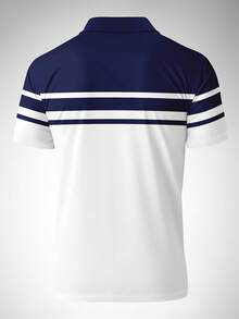 Conjunto de camisa polo de manga corta y pantalones cortos con bloqueo de color para hombre - Azul - Ver 3