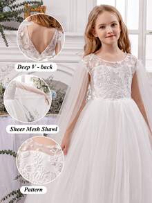 Tween Girl White Elegant Princess Dress With Tulle, Pearl, Lace Trim, Suitable For Girls Dresses, Birthday Party, Prom, Formal Occasion, Holiday Celebration, Flower Girl, Bridesmaid - 白色 - 查看 3