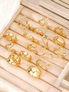 15pcs/Set Geometric Hollow Out Metal Rings, Asymmetrical Design, Simple Style Finger Rings For Women, Suitable For Daily Or Festival Wear - Gold - View 3