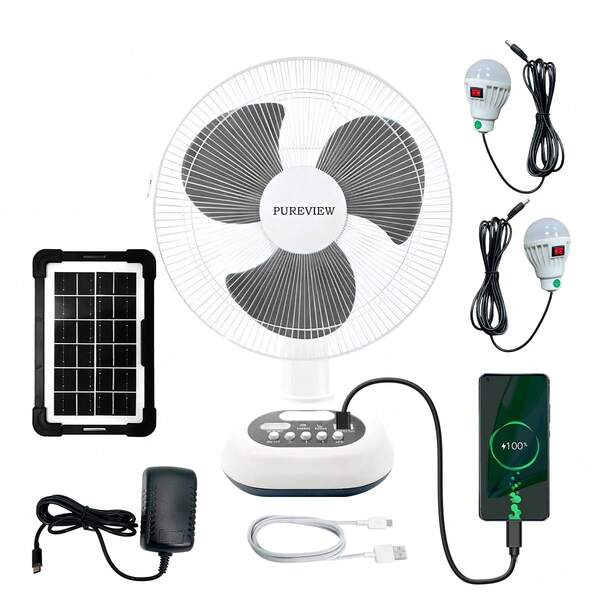 Kit de 3 Ventilador de Energía Solar, Ventilador Recargable con 2 Bombillas, Ventilador Solar Portátil Recargable, 12" con LED Luz, Ventilador de Mesa Cargar el Teléfon, Ventiladores Recargables con Carga Solar y Focos, 3 Modos Carga, Camping, Oficina
