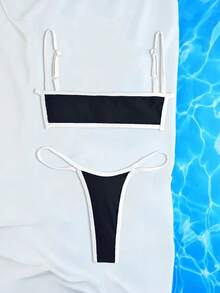 Bộ bikini hai mảnh kiểu Âu & Mỹ dành cho nữ, thích hợp cho kỳ nghỉ hè ở bãi biển, làm từ chất liệu nylon, màu đen, gồm áo ngực và bikini dây mảnh. - Nhiều màu - Xem 4