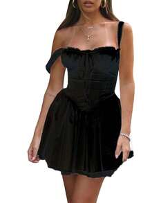 Womens Summer Flowy Dress Sleeveless Square Neck Tie-Up Front Short Tank Dress Casual A-Line Dress - 黑色 - 查看 2