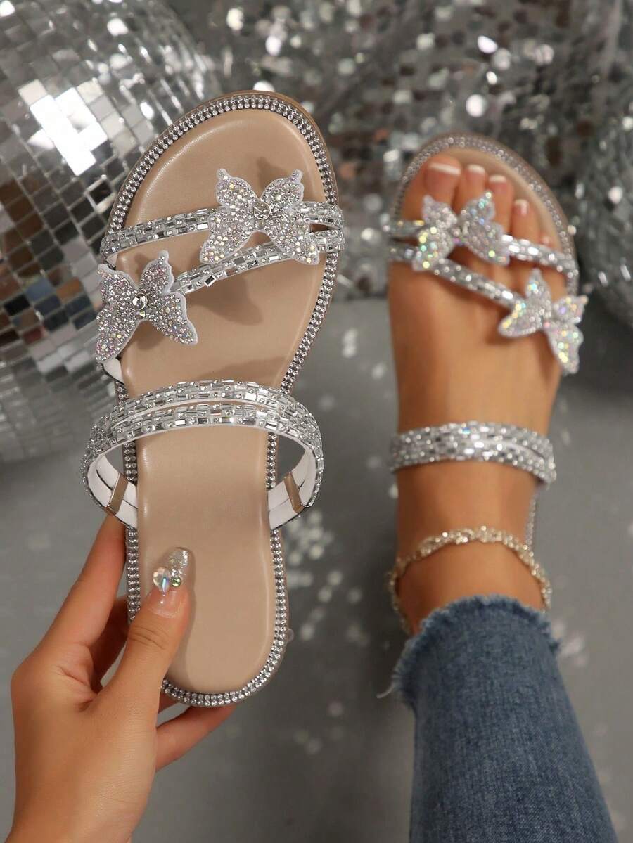 Colorful Rhinestone Bow Dual-Wear Women's Slide Sandals, Suitable For Wearing Outwardly, Fashion French Style Silver, Fit For Dating, Shopping, Party, Work Commute In Summer And Autumn,Beach Shoes
