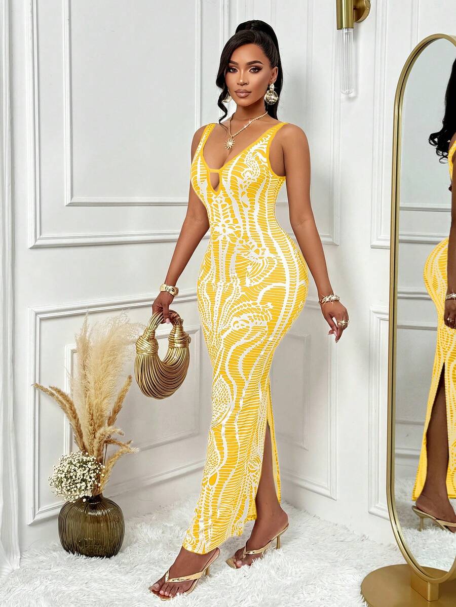 AIJ 女式夏季性感海滩度假复古印花深 V 领胸部镂空细节无袖背心露背长裙 - 查看 1