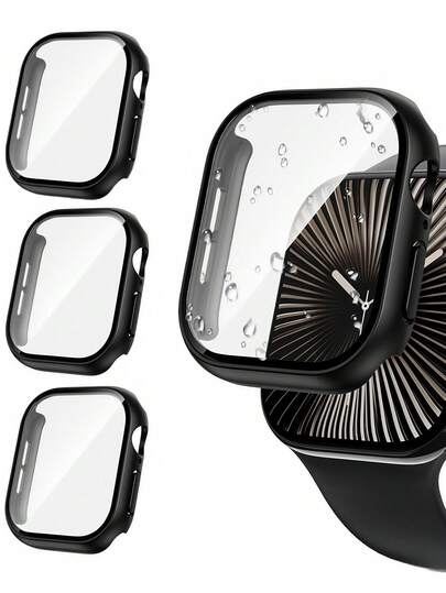 3 片装三合一钢化玻璃膜硬质 PC 边框保护壳，适用于 Series 11/10/9/8/7/6/5/4，40mm/41mm/42mm/44mm/45mm/46mm/49mm 兼容 屏幕保护膜，男女通用，超薄保护壳，透明/黑色/玫瑰金