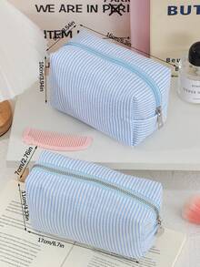 1 Pc Seersucker Hand Holding Large-Capacity Toiletry Bag, Print Stripe Makeup Pouch Travel Cosmetics Storage Bag, Candy Color Makeup Bag Woman's Cosmetic Pouch Suitable For Birthday Gifts, Travel Essential Delicate Fashion Makeup Bags Zipper Bag European And American Style Cosmetic Pouch For Woman,Girl,Ladies Lightweight Skincare Storage Bag For Travel - Multicolor - View 8