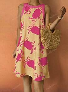 Sea Starshine Women's Spring And Autumn Fashionable Elegant Sexy Sleeveless Yellow Random Crab Pattern Dress