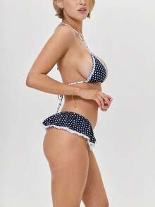Women Halter String Bikini Set Plaid/Dot Triangle Bikini Top Low Rise Micro Swim Skirt With Built-In Thong Swimwear Beachwear - 黑色 - 查看 2