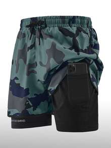 1 pieza Pantalones cortos deportivos de 2 en 1 para hombre con forro, pantalones cortos casuales elásticos para entrenamiento y correr en primavera/verano - Gris - Ver 3