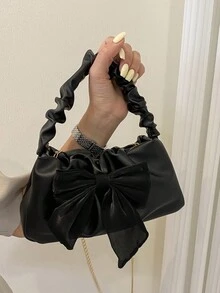时尚新月褶皱手提包，饰以丝巾和蝴蝶结，女士休闲小包，配有金属链条肩带，可单肩背或斜挎，云朵造型，是送给她的完美情人节礼物，蝴蝶结钱包，最佳情人节礼物之选。 - 黑色 - 查看 8