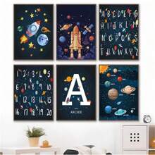1 Pc Optional Frame Posters Wall Arts Planet Rocket Number Alphabet Nursery Wall Art Canvas Painting Nordic Poster And Print Wall Pictures Kids Room Decor ,Wall Art With Frame