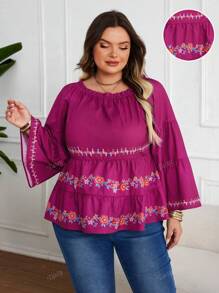 Plus Size Women Elegant Vacation Purple Bell Sleeve Graphic Print Round Neck/Off Shoulder Top Summer