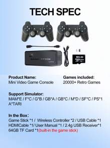 Mini Video Games Console 20000+ Retro Games Sticks Gamepads Machine Supports TV Monitor Projector Supports PS1 MD SFC FC ATA-RI GBA GBC GB MAME 9 Simulator Dual Wireless Controller Childhood 64GB Games Portable Plug & Play Video Portable Consoles For Kid Boy Gift,Some Games In Different Versions,Black ﻿