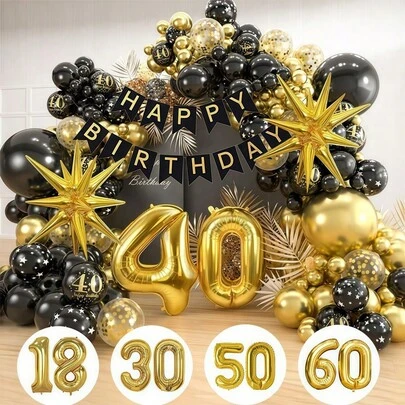 18 岁 30 岁 40 岁 50 岁 60 岁生日气球花环拱门套件，106 个 5/10/12/18 英寸五彩纸屑黑金色加厚乳胶气球带生日快乐横幅，32 英寸数字 18 30 40 50 60 和星爆铝箔气球，适用于男士和女士派对装饰用品