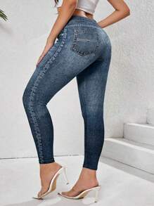 Women Plus Size Denim Effect Contrast Color Print Elastic Leggings