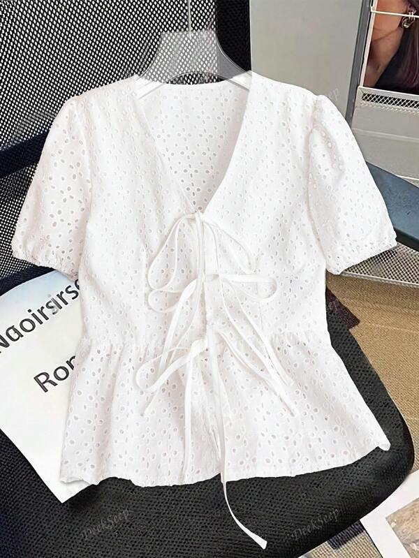 Summer V Neck Tie Front Puff Sleeve Solid Hollow Embroidery Ruffle Drawstring Short Sleeve Blouse