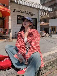 复古红色格子宽松休闲翻领衬衫，女款，春夏 - 紅色 - 查看 5