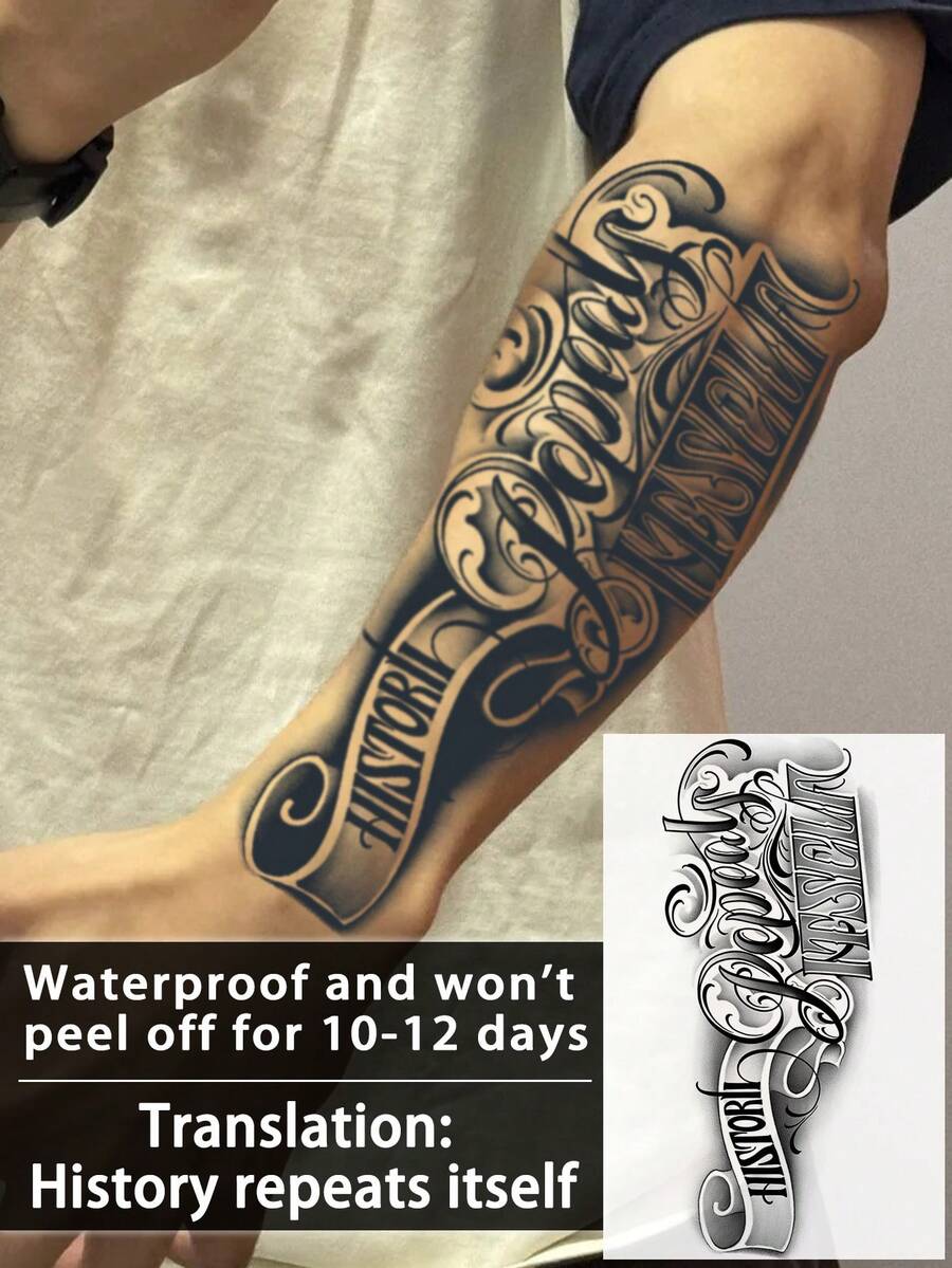 1Pc English Western Pattern Temporary Tattoos Semi Permanent Tattoo Waterproof Sweatproof Last For 1-2 Weeks Realistic Herbal Juice Anti-Friction Non-Reflective Faux Black Fake Tattoos For Woman And Men Tattoo Stickers For Arm, Chest, Leg, Abdomen, Waist, Finger, Neck, Spine, Modernist Body Art - Black - View 1